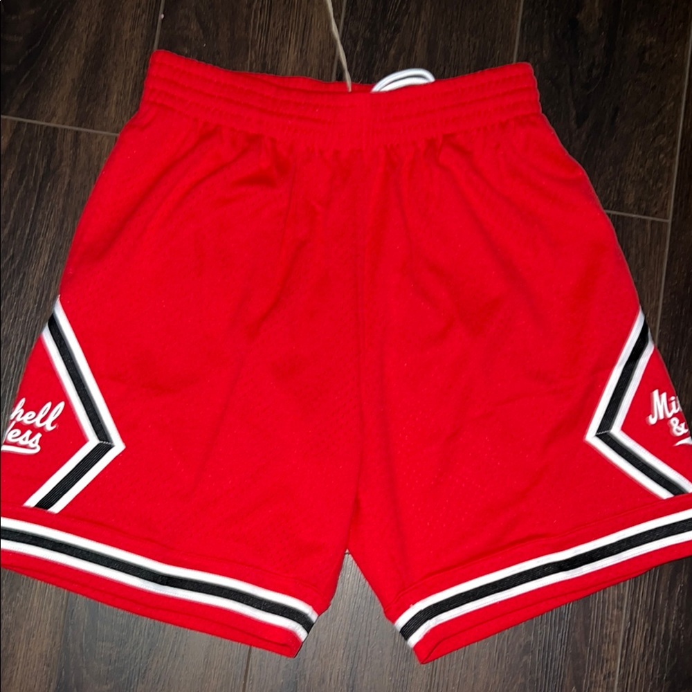 Mitchell & Ness Branded Diamond Script Shorts, Red, Size: Large